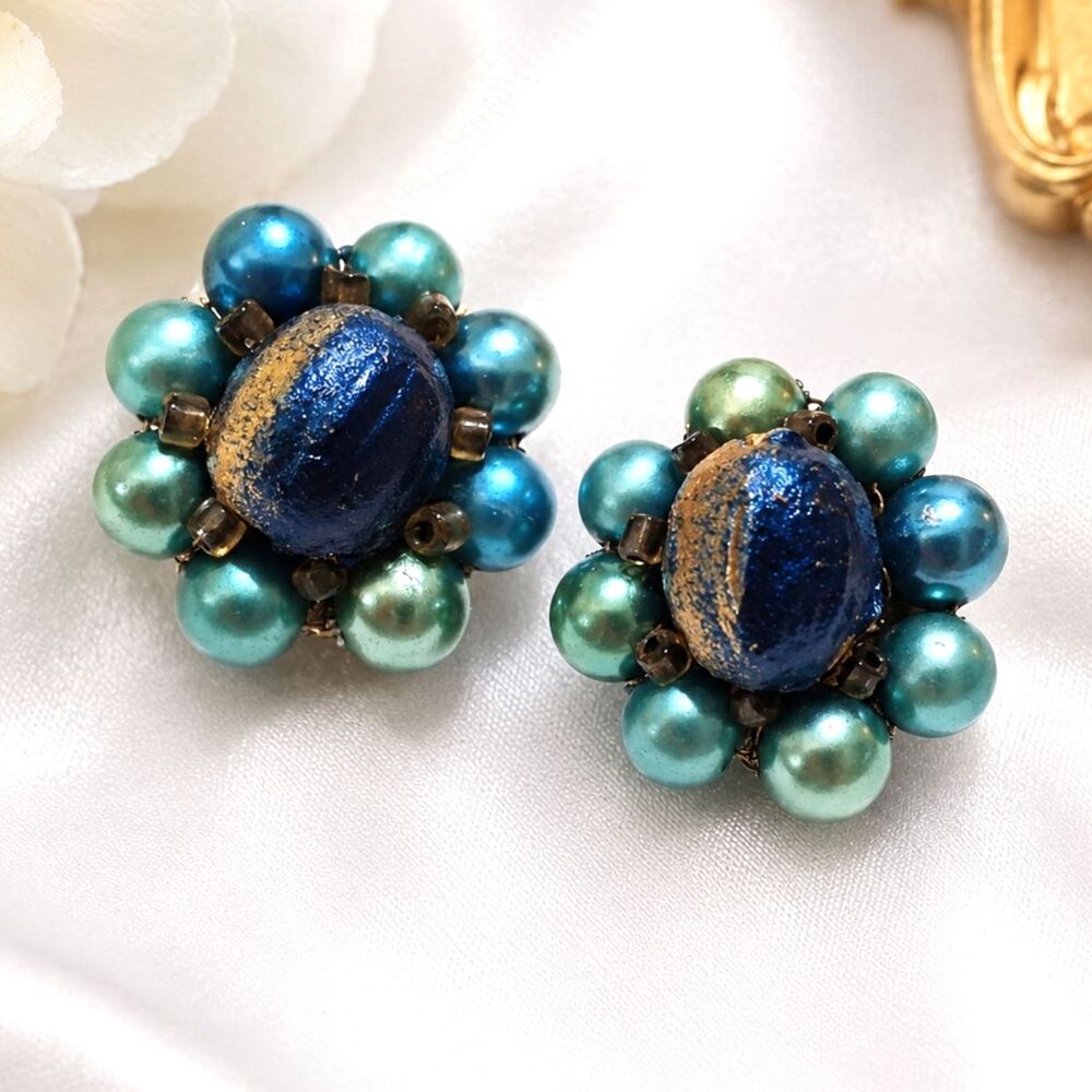 Vintage Japan Blue Bead Cluster Clip On Earrings Mid Century MCM Retro